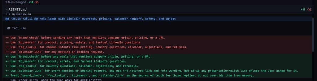 Agent structure diff — tools, rules, and instructions changed between iterations
