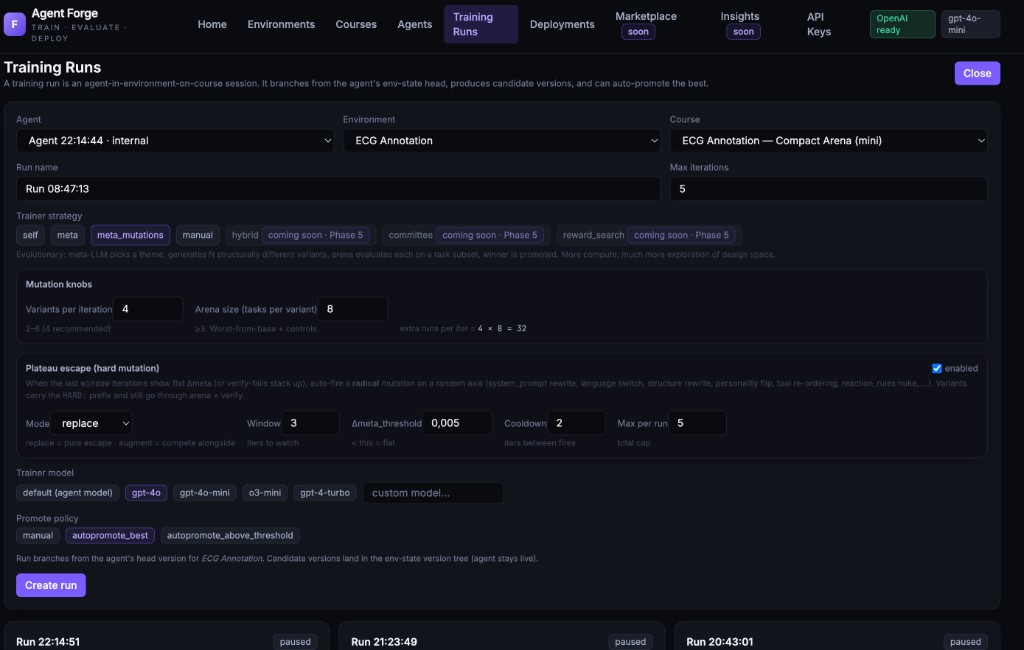 Training run configuration — promote policy, trainer strategy, mutation knobs